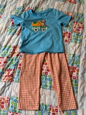 Blue Pumpkin Wagon Kids Set with Orange Gingham Pants